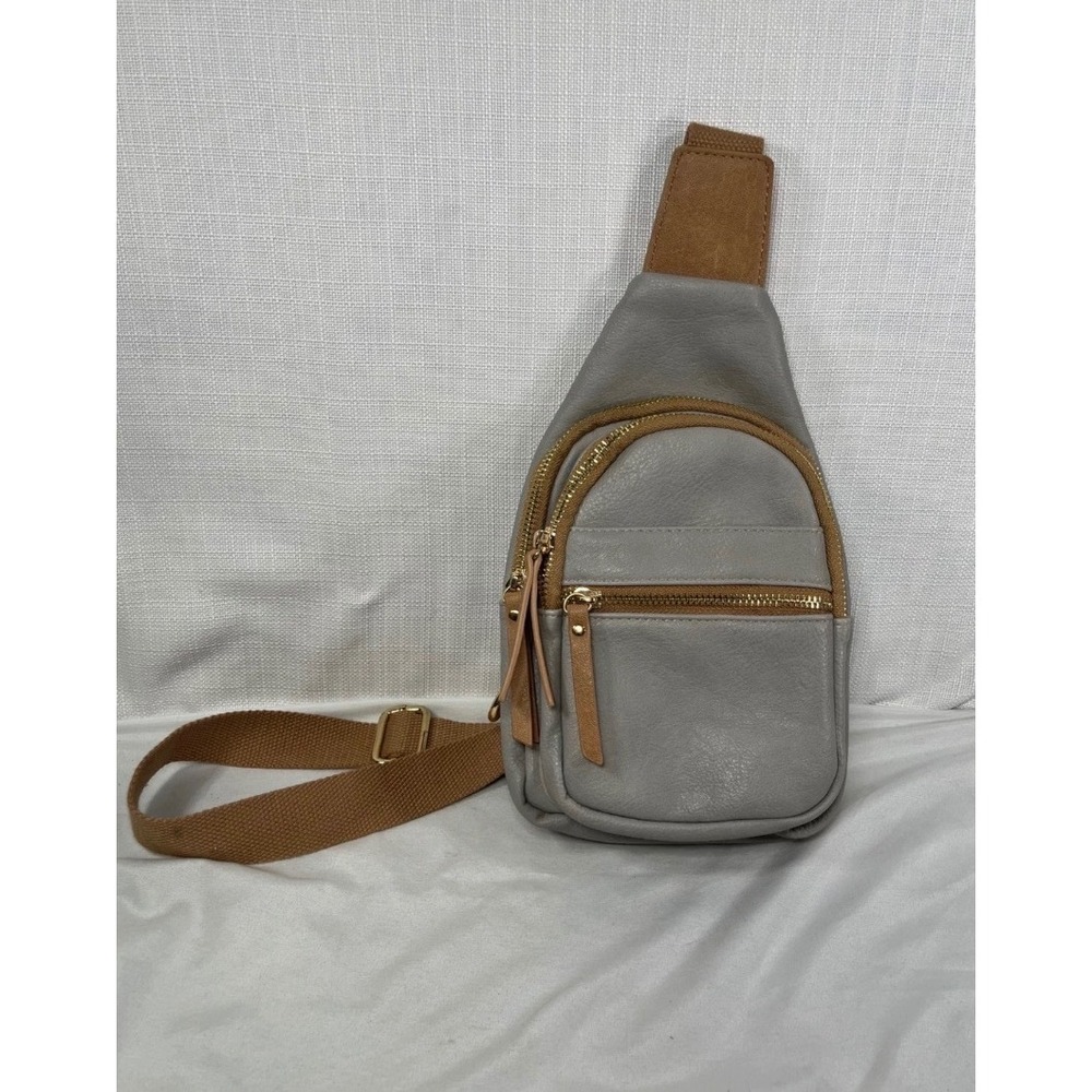 Miztique Grey Tan Vegan Leather Sling Crossbody Bag Gold Hardware Card Slots